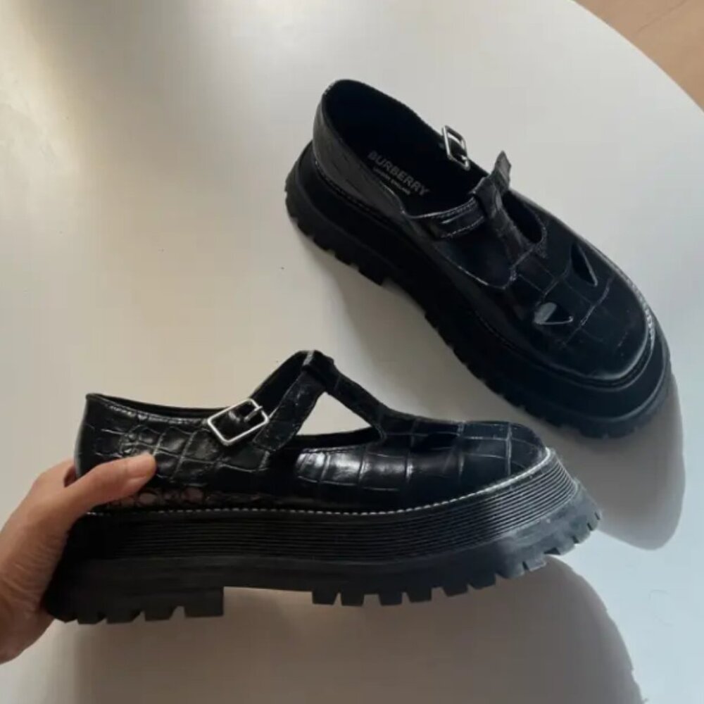 Burberry Embossed Leather T-Bar Mary Jane Platforms